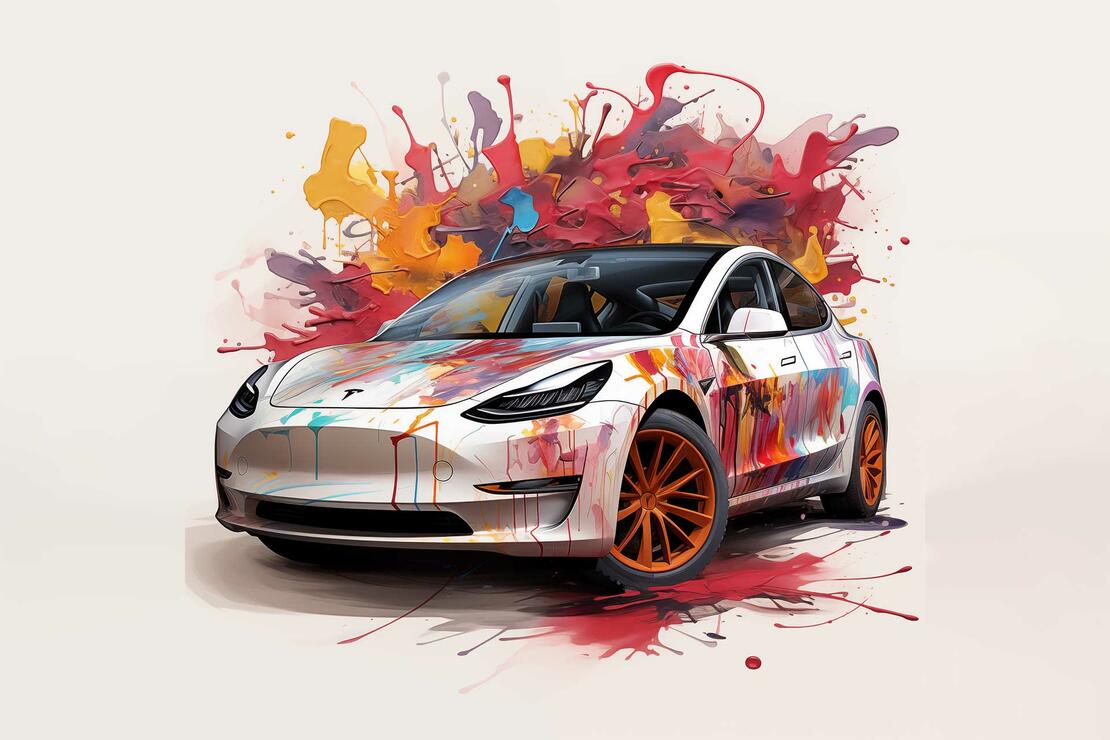 Illustrasjon av bil med masse maling på og rundt