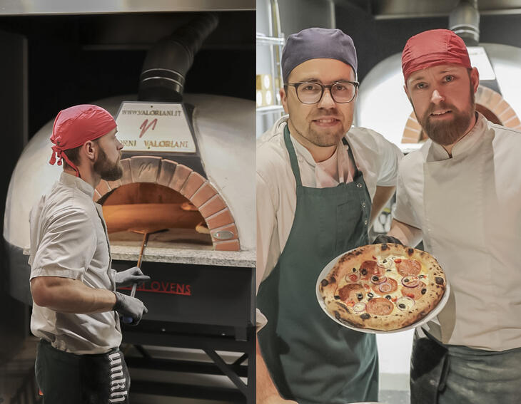 Bilde av to menn som er oppstartere og eiere av Kraft Pizzeria. Ved siden av er et bilde av at den ene mannen som steker en pizza i en pizzaovn.